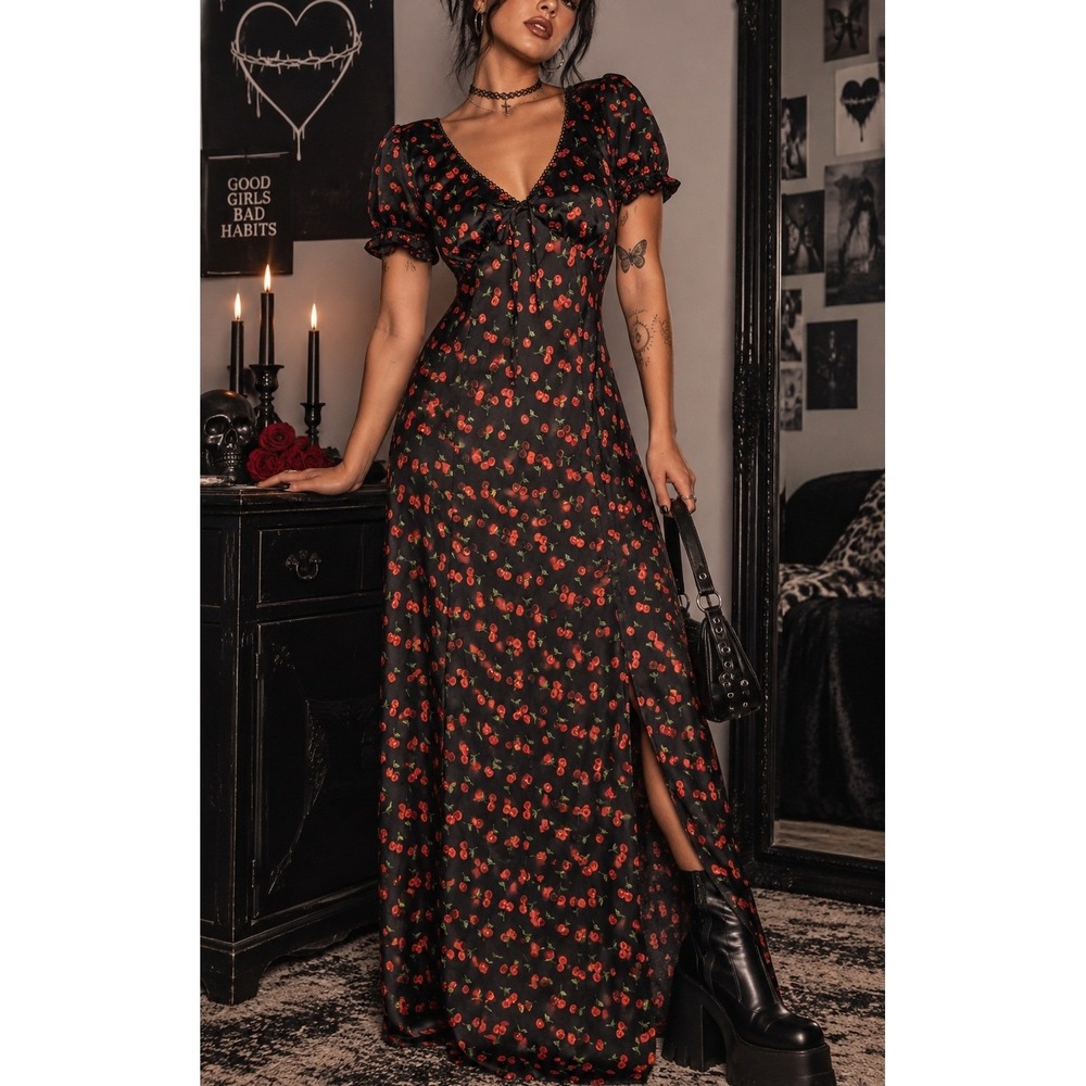 Cherry Print Black Satin Maxi Dress Cottagecore Romantic Small Medium